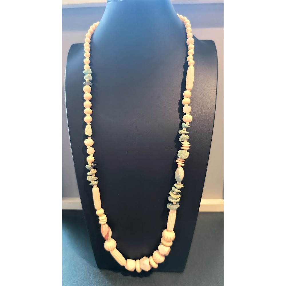 Artisan Beaded Necklace Peach Sage Green Stone Chip Carved Resin Statement 29in